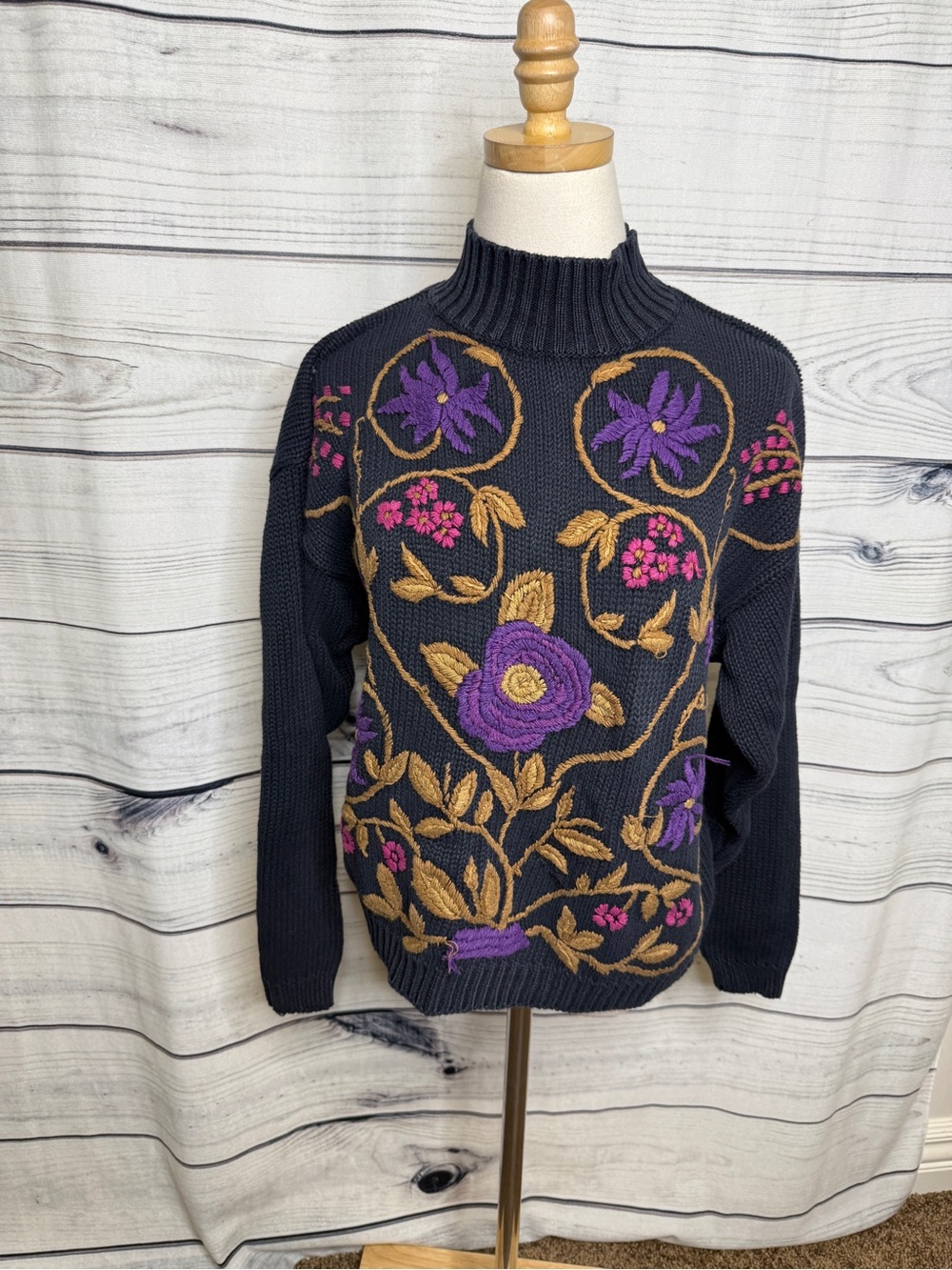 Vintage Navy Turtleneck Sweater with Purple, Gold & Pink Floral Embroidery